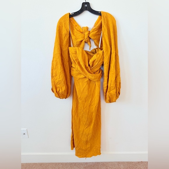 Johanna Ortiz Marigold Yellow Luna Miel Convertible Textured Crepe Midi Dress 8 - Picture 10 of 11